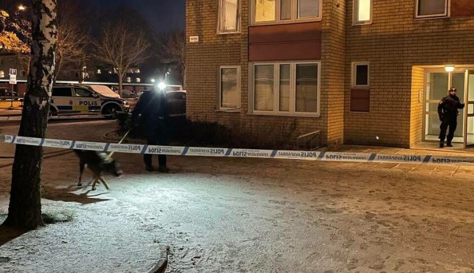 Polisen letar efter spår på platsen för skjutningen. Foto: JONAS EDBERG