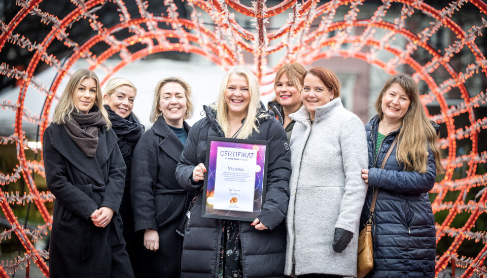 Några av de som jobbar med Purple Flag i Västerås city, från vänster Sofi Hedlund, Pernilla Anvemyr, Nora Kvassman, Maria Martinsson, vd Västerås Citysamverkan, Nilla Kuul, Amanda Grönlund och Karin Sällberg.