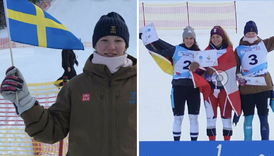 Bronstjejen. Moa Landström firar sedan det stått klart att hon tagit brons i slalom i ungdoms-OS i italienska Tarvisio.