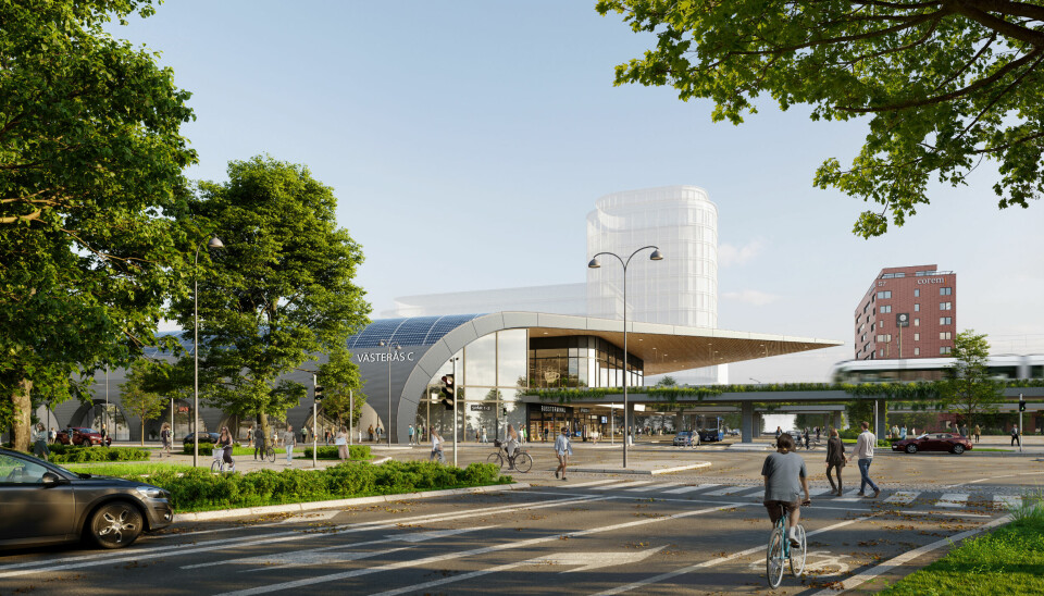 Nytt planförslag. Illustrationen visar hur den alternativa stationsbyggnaden skulle se ut från Kopparbergsvägen.