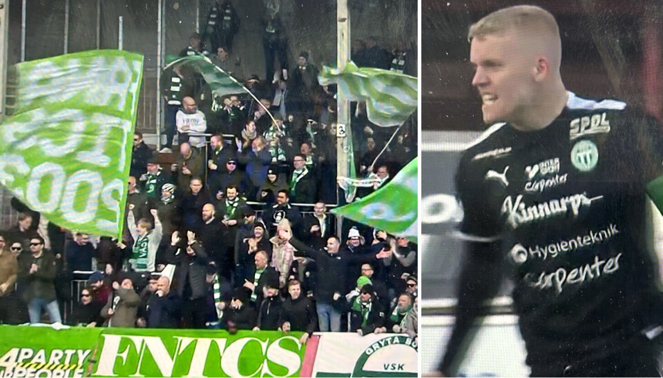 Jubelstart. VSK vann borta mot Brage på lördagseftermiddagen i Superettanpremiären inför ett stort antal tillresta grönvita supportrar. Simon Johansson gjorde 1–0.