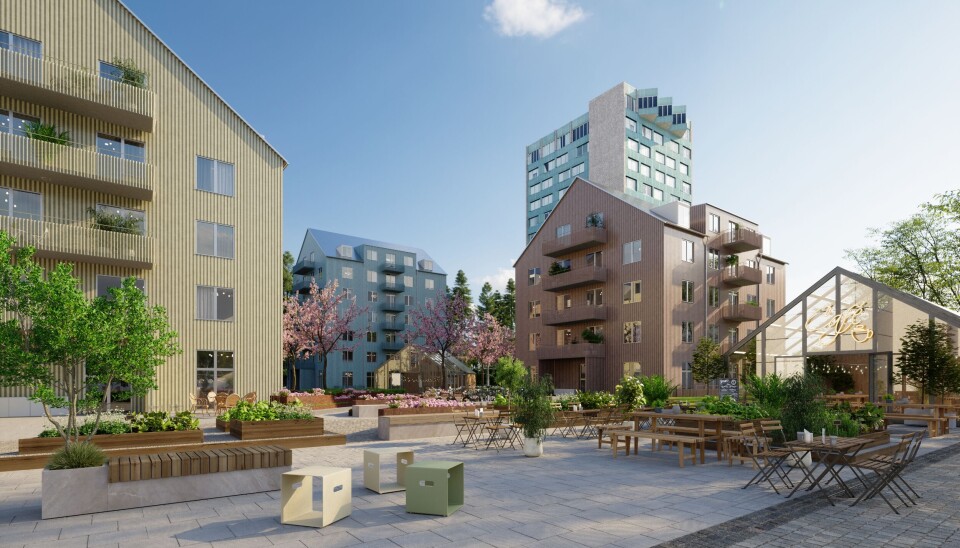 Illustration som visar hur del av Bjurhovda centrum kan utvecklas med bostäder och nya utemiljöer.