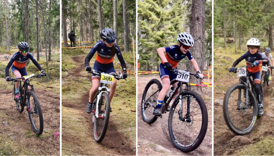 Fullt ös i skogen. Här är några av alla VCK-ungdomar som körde årets första Swe-cup i mountainbike – Ellen Felldin, Malva Sörensen, Elof Axman och tävlingsdebuterande Sixten Mogren.