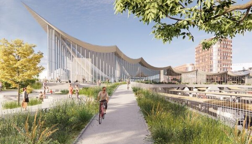 Västerås nya resecentrum, med en ombyggd bangård och en ny gång- och cykelväg över spår. I bakgrunden syns Corems nya bostäder och kontor i kvarter Sigurd.