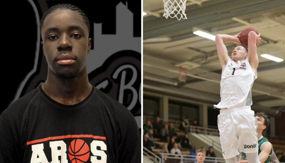 Sascha Asaba debuterade med den äran – till höger Oskar Ekh som blev poängbäst i Aros Baskets premiärmatch.