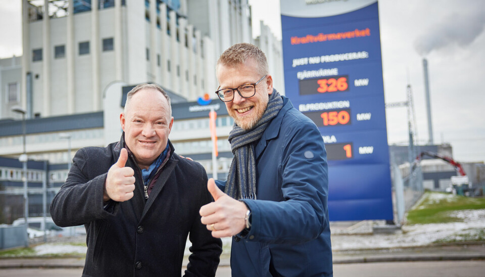 Polar Capacitys vd Patrik Nilsson och Mälarenergis koncernchef Niklas Gunnar planerar för en batteripark på 100 MW vid Kraftvärmeverket i Västerås.