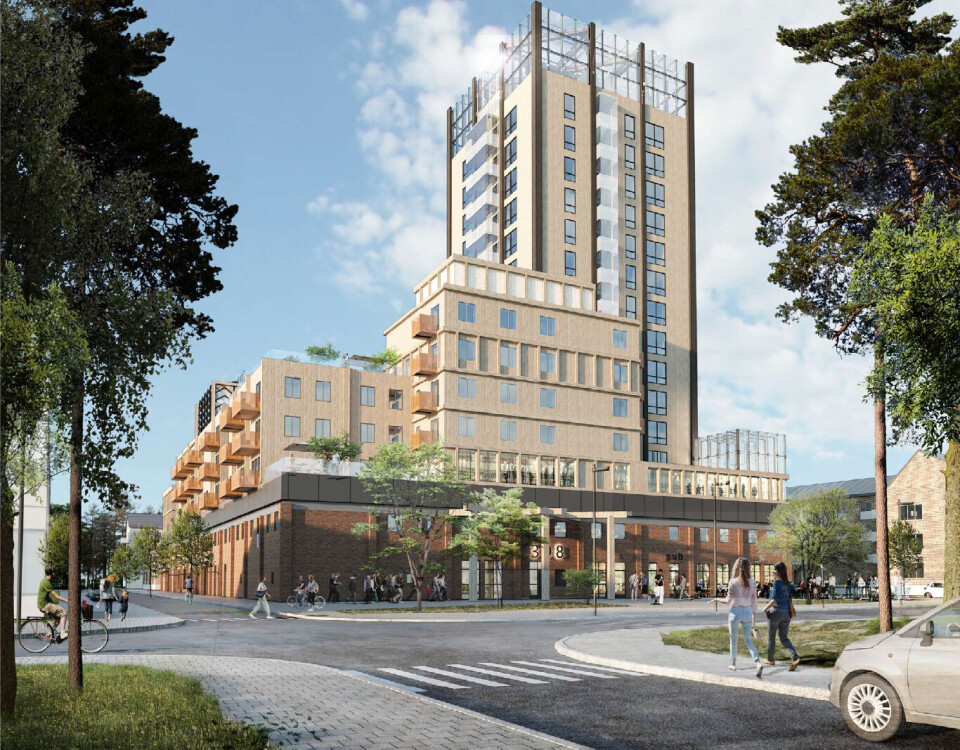 Bilden illustrerar en omvandling av en byggnad med påbyggnader. Bilden visar ett nytt hotell som kompletteras med bostäder, kontor och centrumverksamhet. I bottenvåningen föreslås publika lokaler.