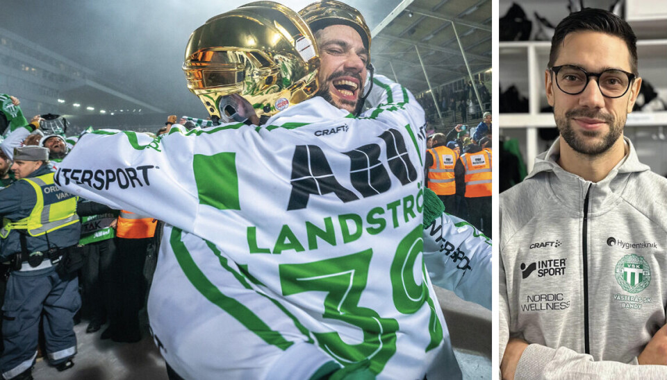 Nytt guldjubel? Christoffer Fagerström och Martin Landström jublar ikapp på Studenternas förra våren efter att VSK säkrat det 21:a herrguldet. Nu drömmer Fagerström och övriga grönvita om en repris – på hemmais.