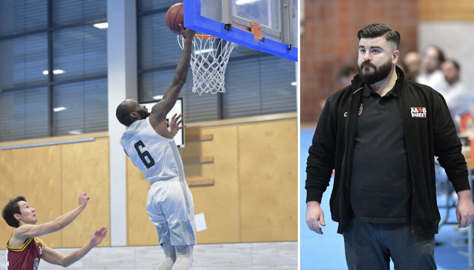 Segermaskinen. Aros Baskets Tonny Dabaugh blev utsedd till matchens lirare mot KFUM Lidingö. Till höger coachen Kristian Murholt som var väldigt nöjd med vinsten, den åttonde raka.
