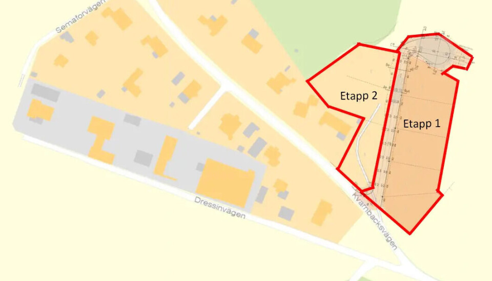 Etapp 1 visar platsen där fem nya småhustomter ska förberedas.
