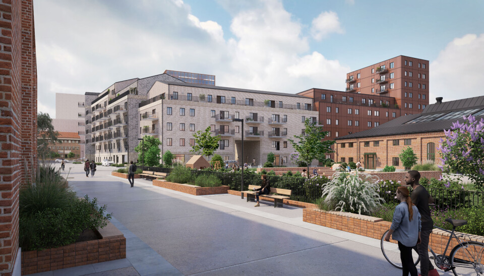 En illustration av det framtida parkstråket där Metallverksgatan går i dag. Till höger i bild Gjuteriet och till vänster skymtar Valsverkets tegelfasad. Metallverksgatan kommer att flyttas och gå längs med järnvägen.