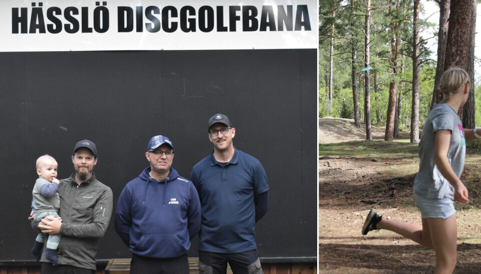 Medaljer på spel. Hemmaspelarna Stefan Åkerstedt (med barn på armen) och Markus Bergius är med och tävlar i SM på skogsbanan på Hässlö. I mitten tävlingsledaren Lars Bergström