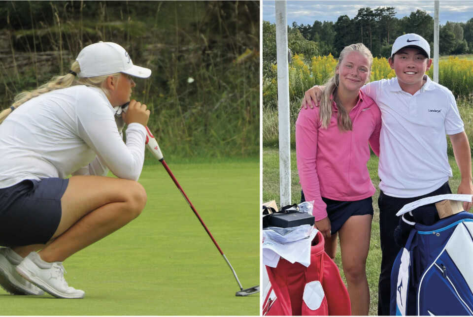 Ängsögolfaren Lova Jansson stod för en stark insats på hemmabanan i den stora juniortävlingen och blev tvåa i flickklassen. Till höger vinnarduon Amanda Gyllner och Leo Degerlund.