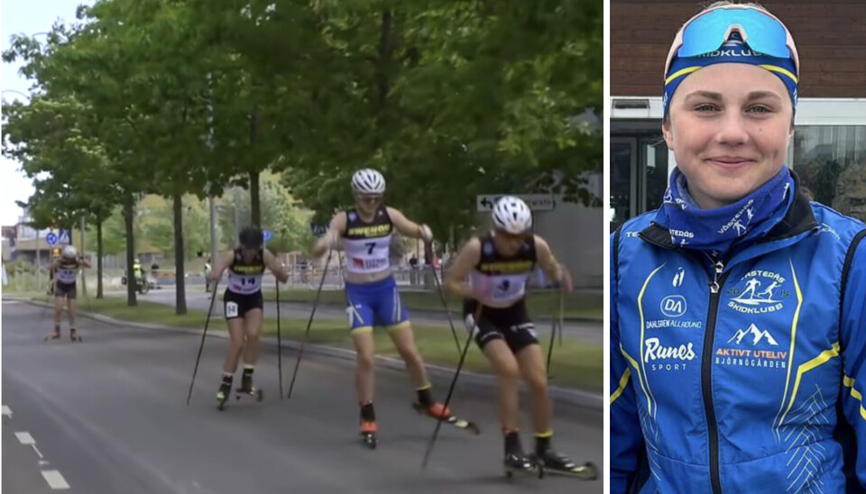 VM-resenär. Västerås skidlöfte Johanna Holmberg (i blåa byxor nr 7) under SM-veckan i Västerås i somras – nu väntar VM och världscupavslutning i Italien för 17-åringen.