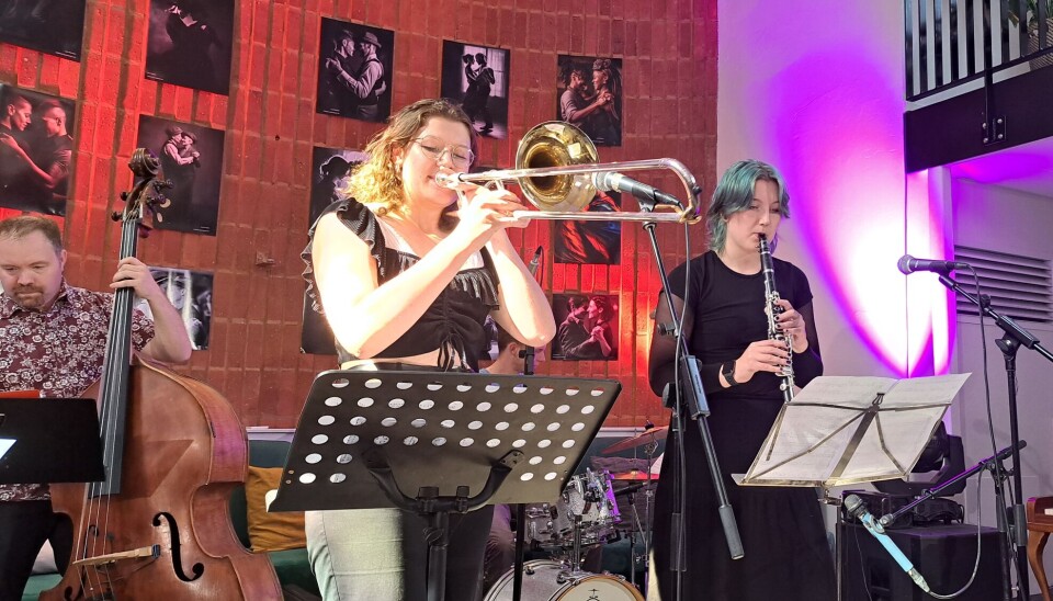 ”Barnkammare för band”. Elvira och Klara Tapper och Björn Leander på kontrabas i bakgrunden.