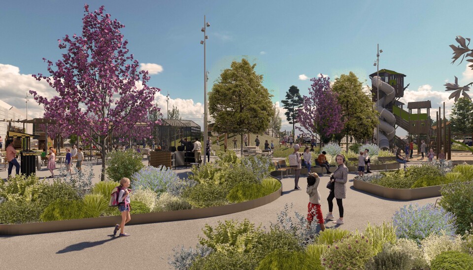 Så här är aktivitetsparken på Erikslund tänkt att se ut när den står klar i juni 2025.