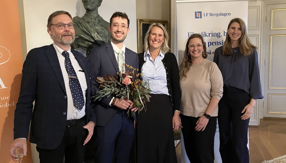 Landshövding Johan Sterte, pristagaren Daniel Kjellström, Almi Mälardalens Johanna Landin och Jessica Giaretta samt LF Bergslagens Alexandra Lans vid prisutdelningen.
