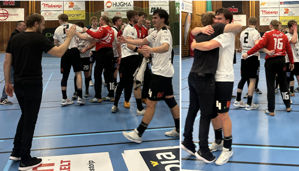 Mycket känslor och kramkalas. VI-tränaren Axel Morén (t v) firar med spelarna efter slutsignalen.