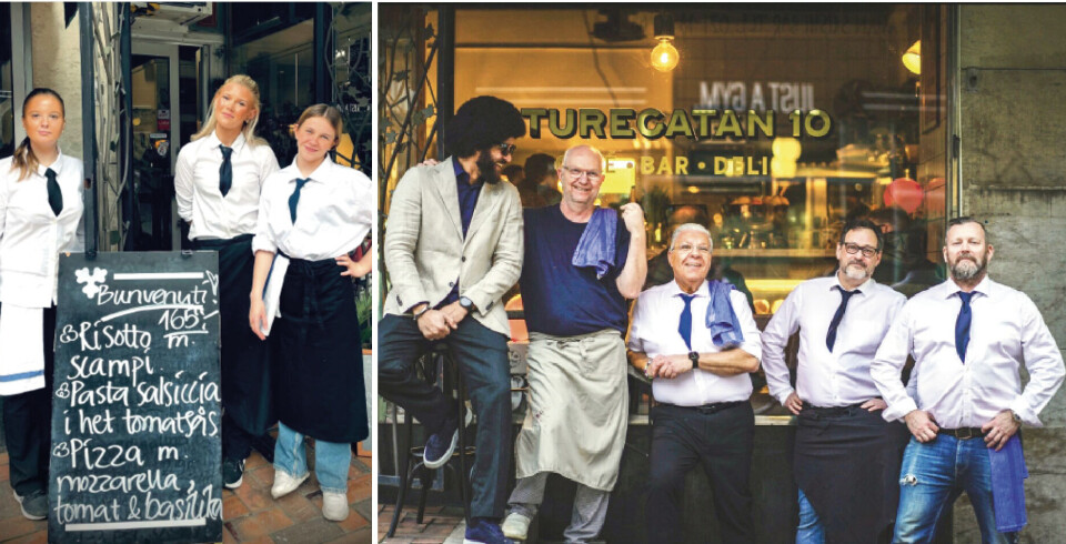 Gänget på Sturegatan 10. Från vänster Rebecca Dal Monte, Rebecca Edman och Louise Hedin. Stora bilden från vänster: Curt Eriksson, Gianni Montin, Enrico Pianadei, Johan Backman och Bård Rydding.