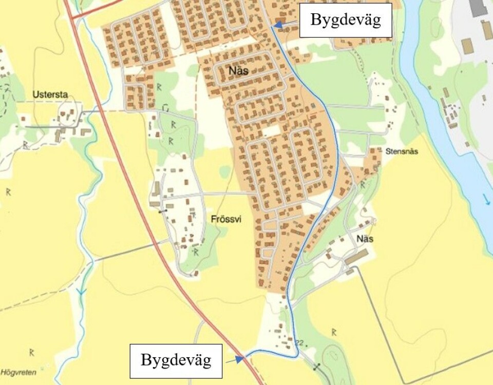 Blå markering. Den blåa linjen visar vilken sträcka som blir bygdeväg.