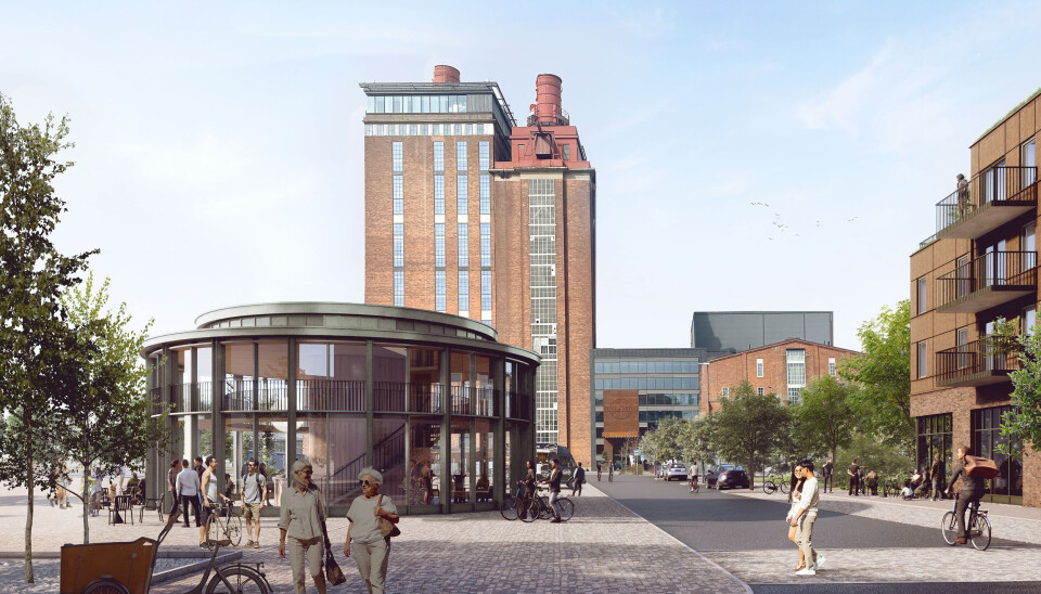 Detaljplan dp 1890 visar hur platsen vid gamla Ångkraftverket i Västerås kan utvecklas med ett nytt torg. Visionsbild av paviljongen i torgets norra del, vy mot väster. Illustration: FOJAB
