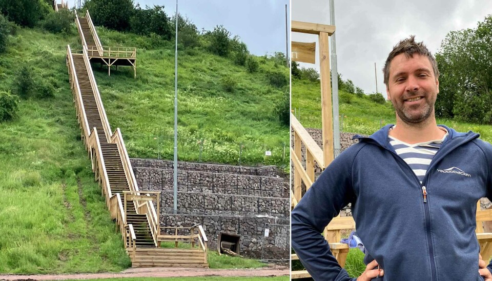Trappan går ända upp till toppen av Vedbobacken med en fin utsikt över omgivningarna. Martin Landås berättar att inspirationen till trappan bland annat kommer från Finland.