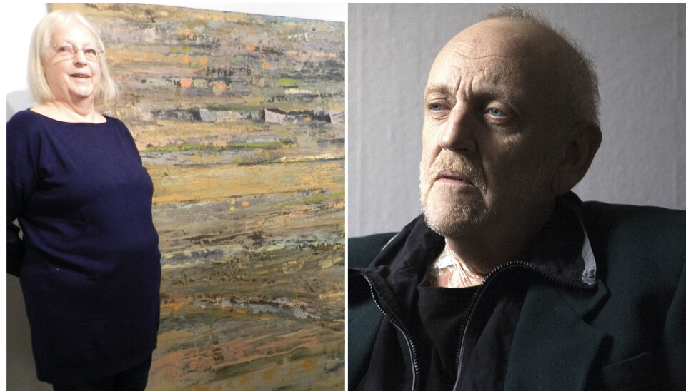 Donatorn. Bosse Anderssons syster Kerstin Ström, som donerat ett 50-tal målningar till Västerås Konsthall/Konstnärsförening, vid en diptyk som ska hängas inför lördagens vernissage. Till höger konstnären år 2009.